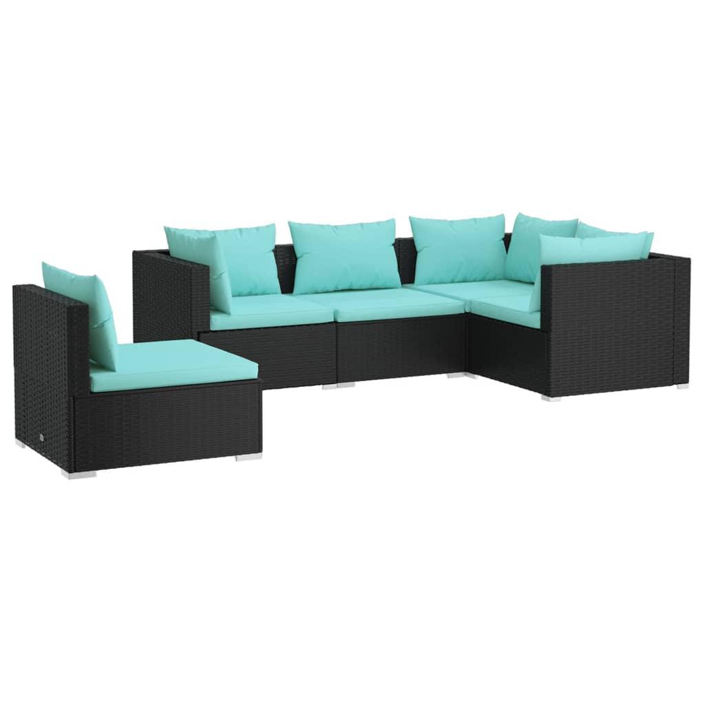 5 Piece Patio Lounge Set with Cushions Poly Rattan Black at Set Shop and Smile