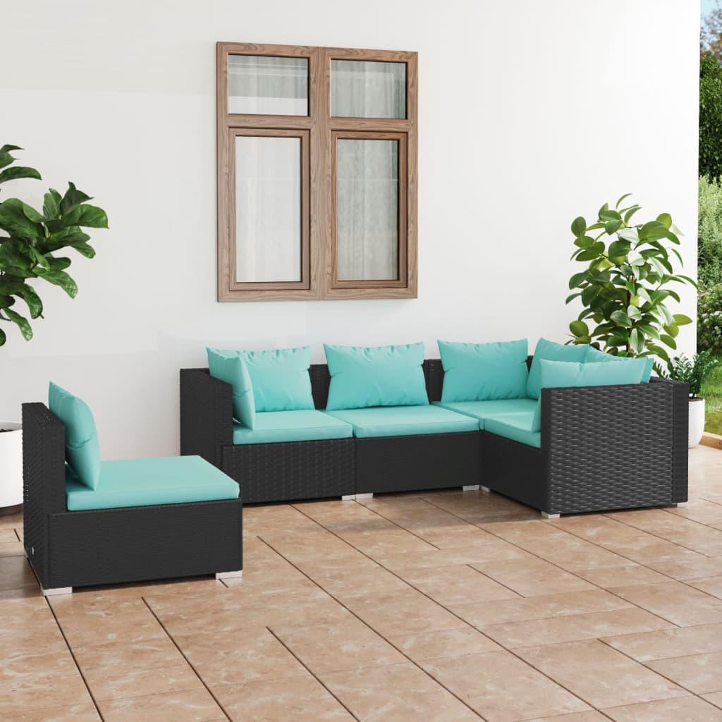 5 Piece Patio Lounge Set with Cushions Poly Rattan Black at Set Shop and Smile