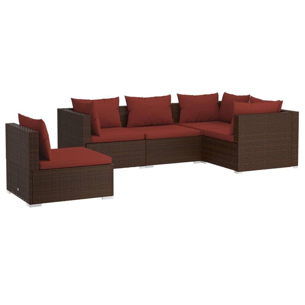 5 Piece Patio Lounge Set with Cushions Poly Rattan Brown at Set Shop and Smile