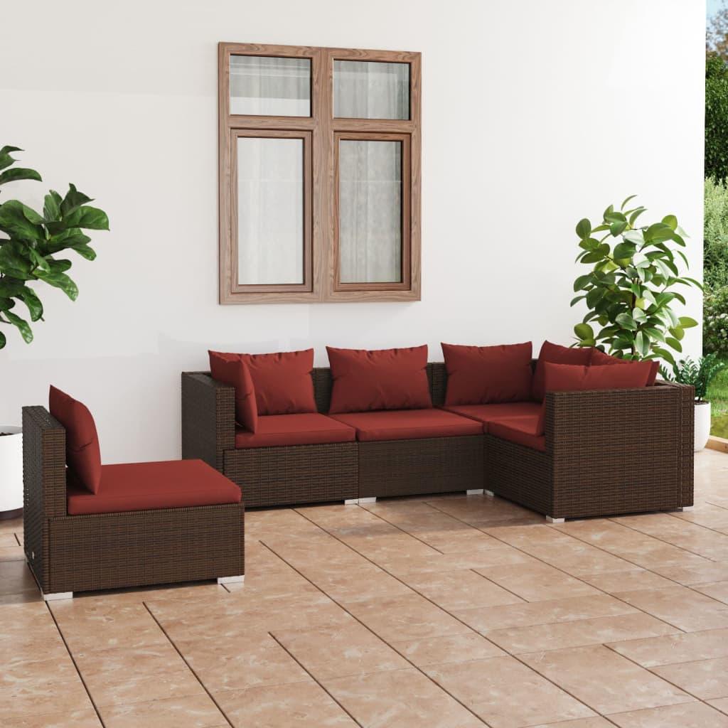 5 Piece Patio Lounge Set with Cushions Poly Rattan Brown at Set Shop and Smile
