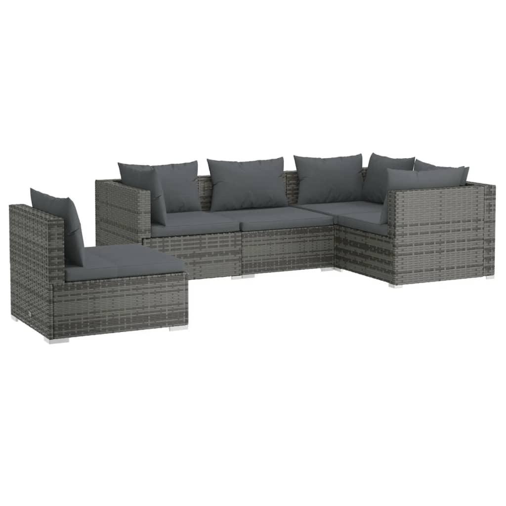 5 Piece Patio Lounge Set with Cushions Poly Rattan Gray at Set Shop and Smile