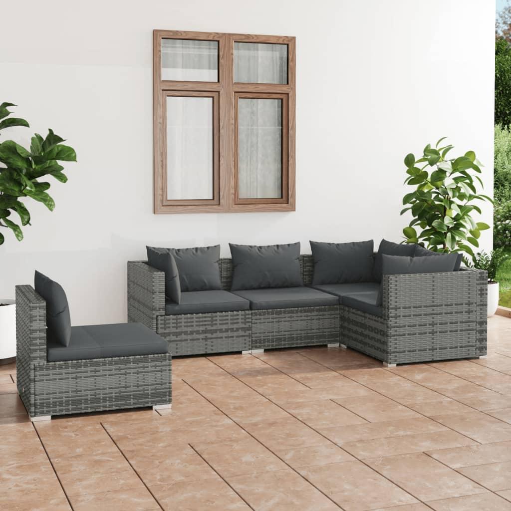 5 Piece Patio Lounge Set with Cushions Poly Rattan Gray at Set Shop and Smile