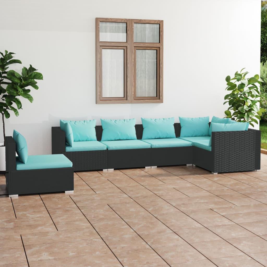 6 Piece Patio Lounge Set with Cushions Poly Rattan Black at Set Shop and Smile