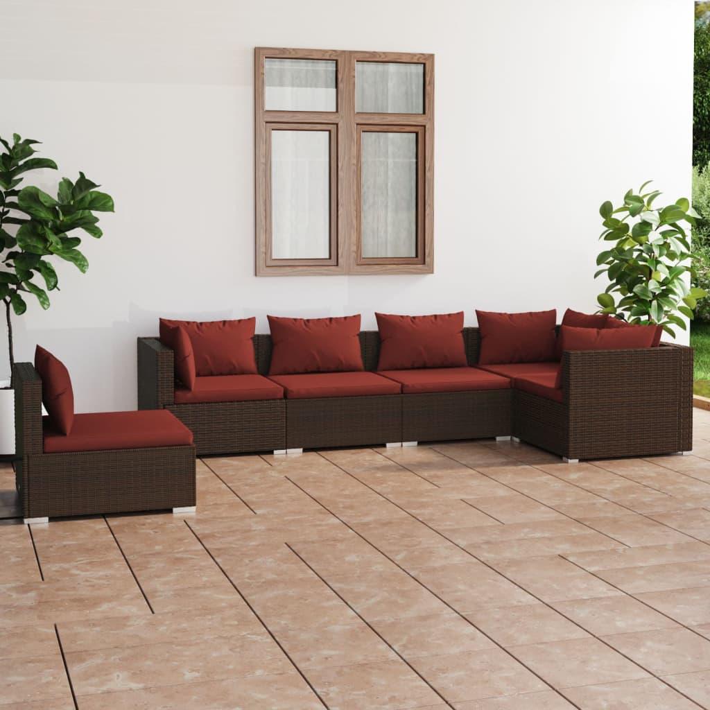 6 Piece Patio Lounge Set with Cushions Poly Rattan Brown at Set Shop and Smile