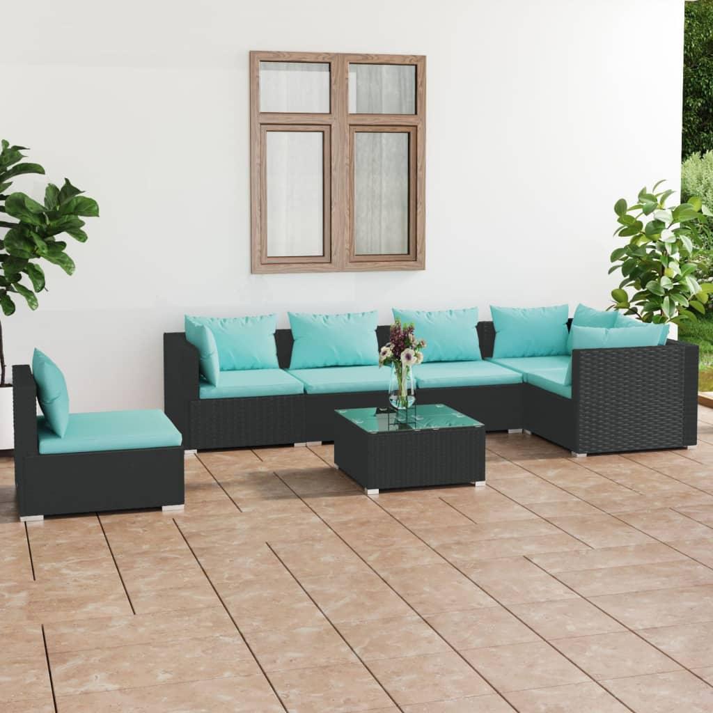 7 Piece Patio Lounge Set with Cushions Poly Rattan Black at Set Shop and Smile