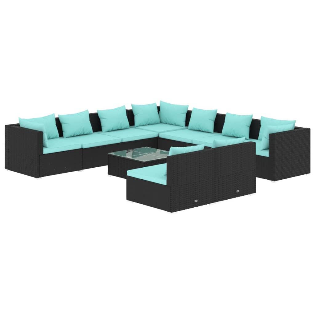 10 Piece Patio Lounge Set with Cushions Black Poly Rattan at Set Shop and Smile