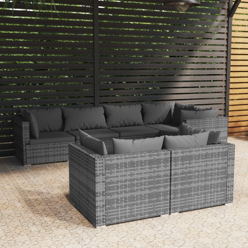 7 Piece Patio Lounge Set with Cushions Gray Poly Rattan at Set Shop and Smile