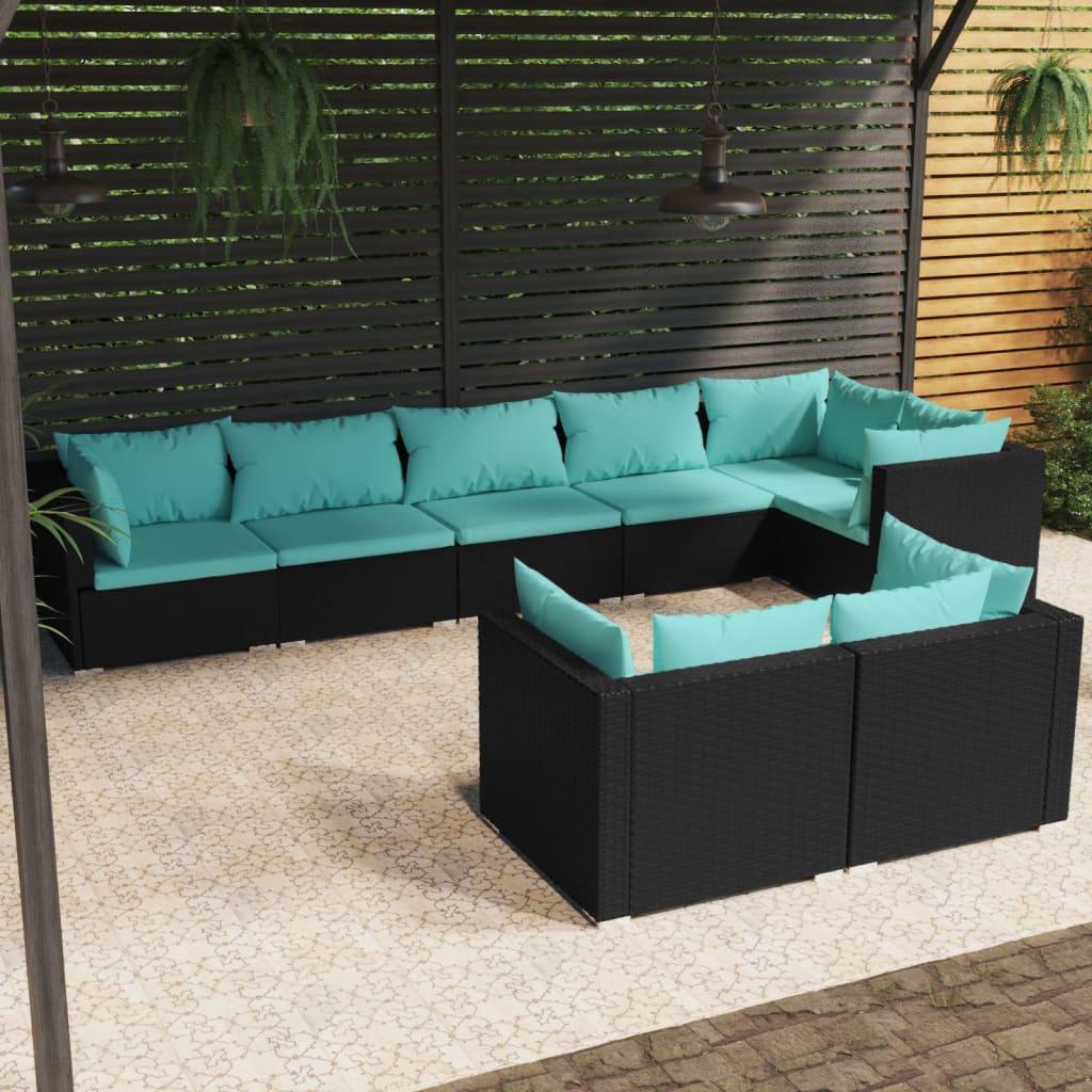 8 Piece Patio Lounge Set with Cushions Black Poly Rattan at Set Shop and Smile