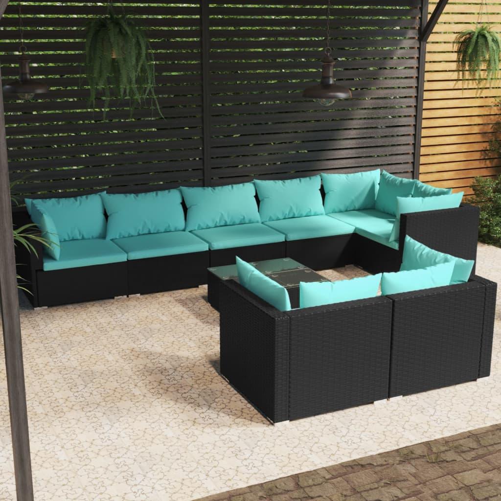 9 Piece Patio Lounge Set with Cushions Black Poly Rattan at Set Shop and Smile