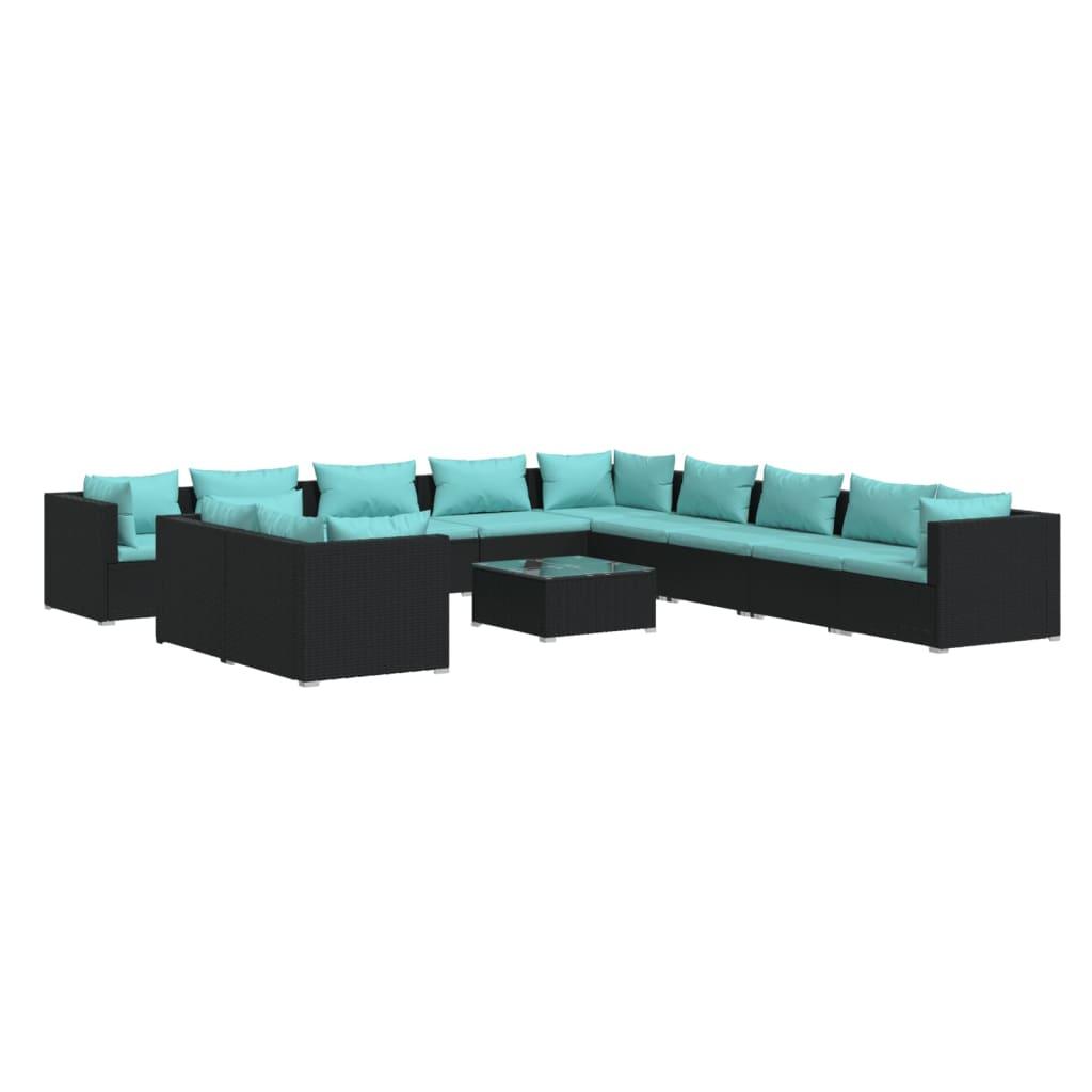 12 Piece Patio Lounge Set with Cushions Black Poly Rattan at Set Shop and Smile