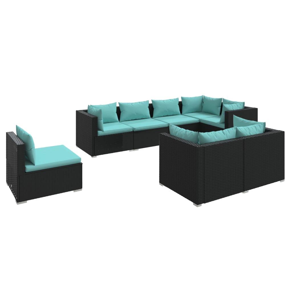8 Piece Patio Lounge Set with Cushions Poly Rattan Black at Set Shop and Smile