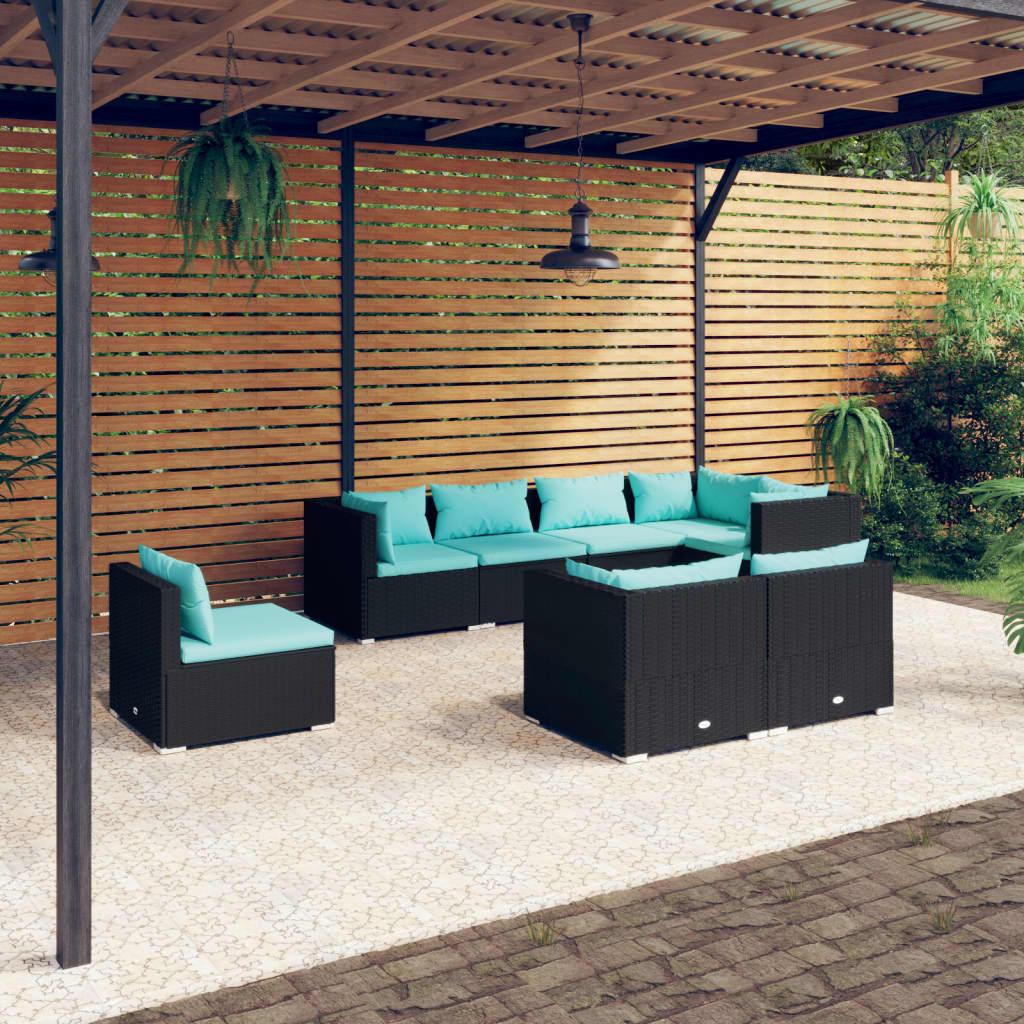 8 Piece Patio Lounge Set with Cushions Poly Rattan Black at Set Shop and Smile