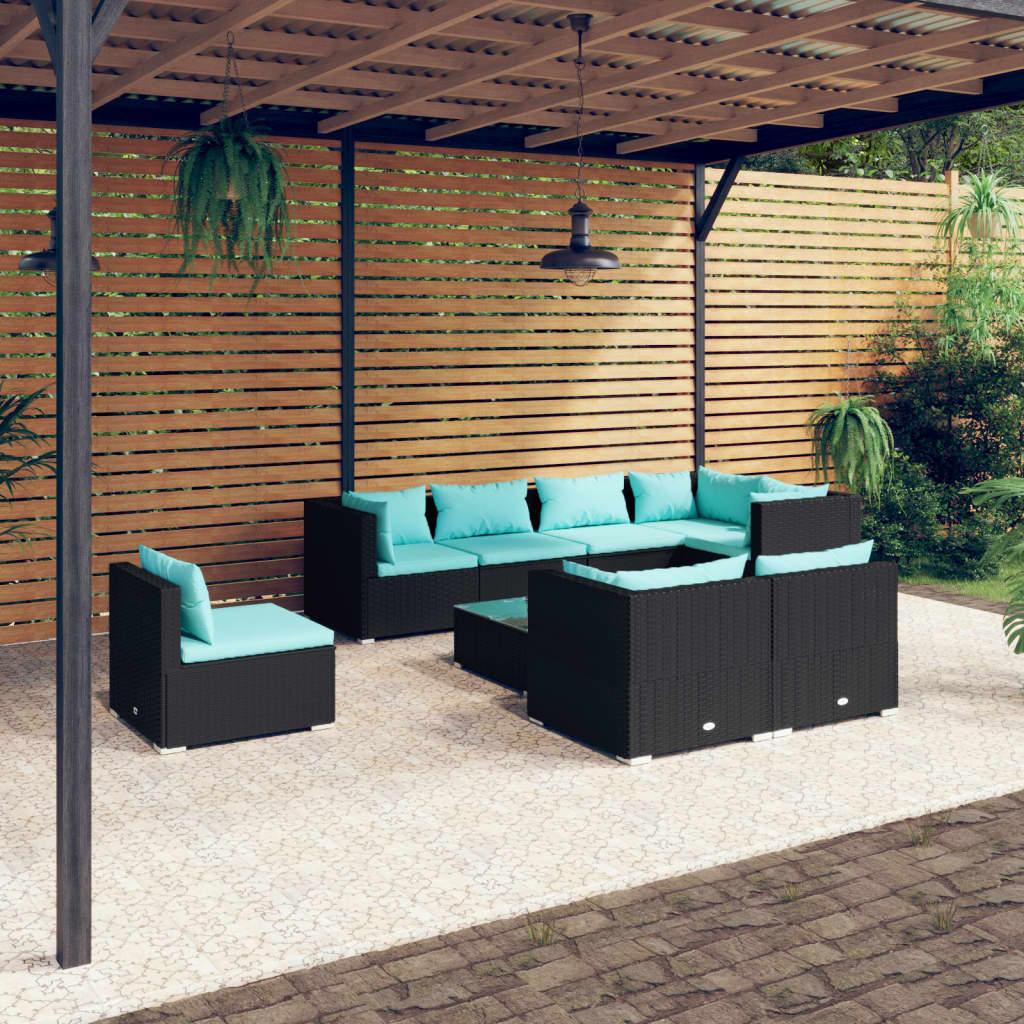 9 Piece Patio Lounge Set with Cushions Poly Rattan Black at Set Shop and Smile