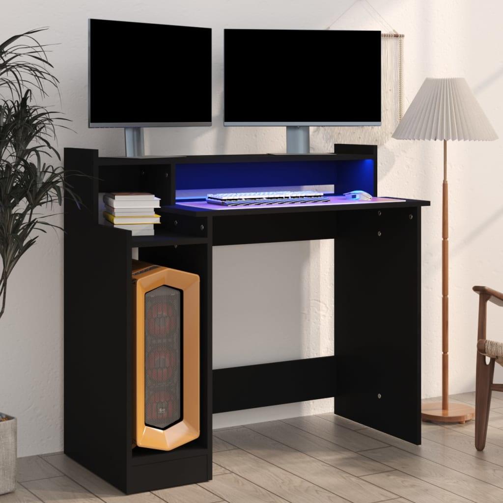 Desk with LED Lights Black 38.2"x17.7"x35.4" Engineered Wood at Set Shop and Smile