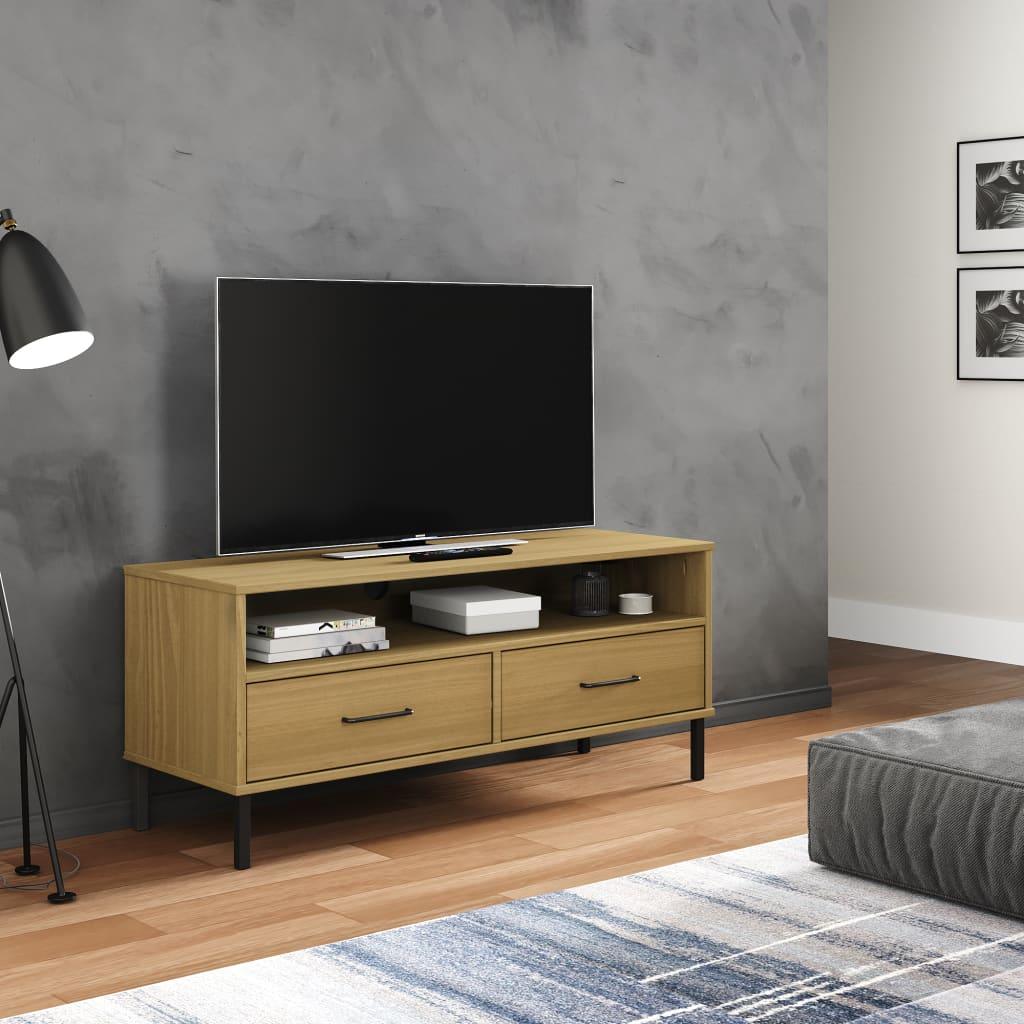 TV Cabinet with Metal Legs Brown Solid Wood Pine OSLO at Set Shop and Smile