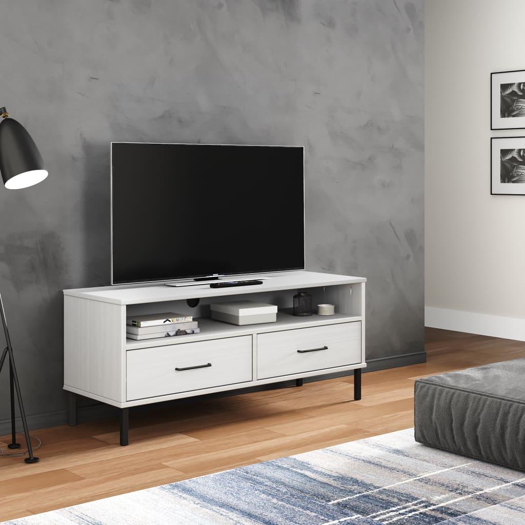 TV Cabinet with Metal Legs White Solid Wood Pine OSLO at Set Shop and Smile