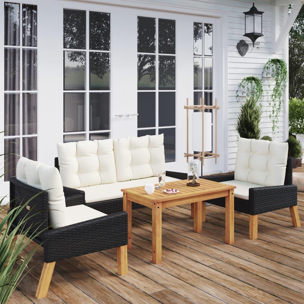 4 Piece Patio Lounge Set with Cushions Poly Rattan and Solid Wood at Set Shop and Smile