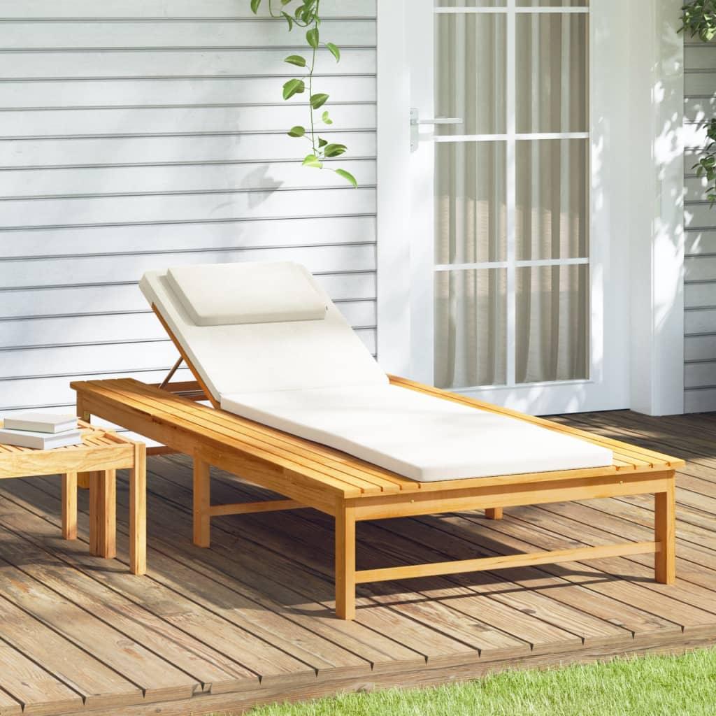 Sun Lounger with Cream White Cushion and Pillow Solid Wood Acacia at Set Shop and Smile