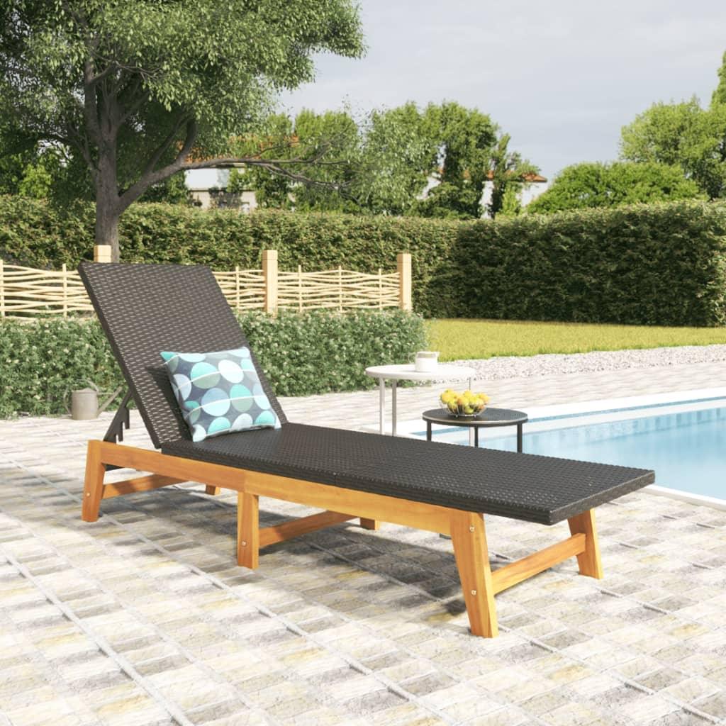 Sun Lounger Black and Brown Poly Rattan and Solid Wood Acacia at Set Shop and Smile