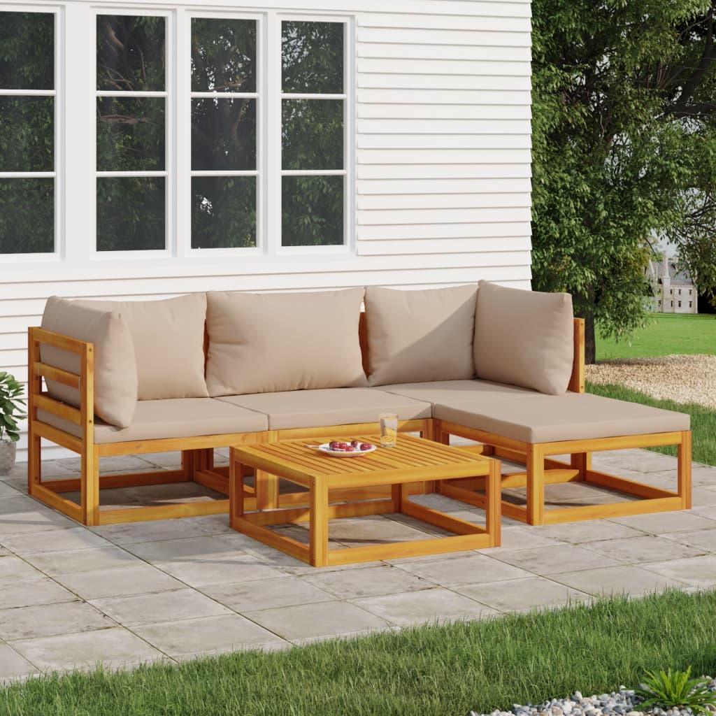 5 Piece Patio Lounge Set with Taupe Cushions Solid Wood at Set Shop and Smile