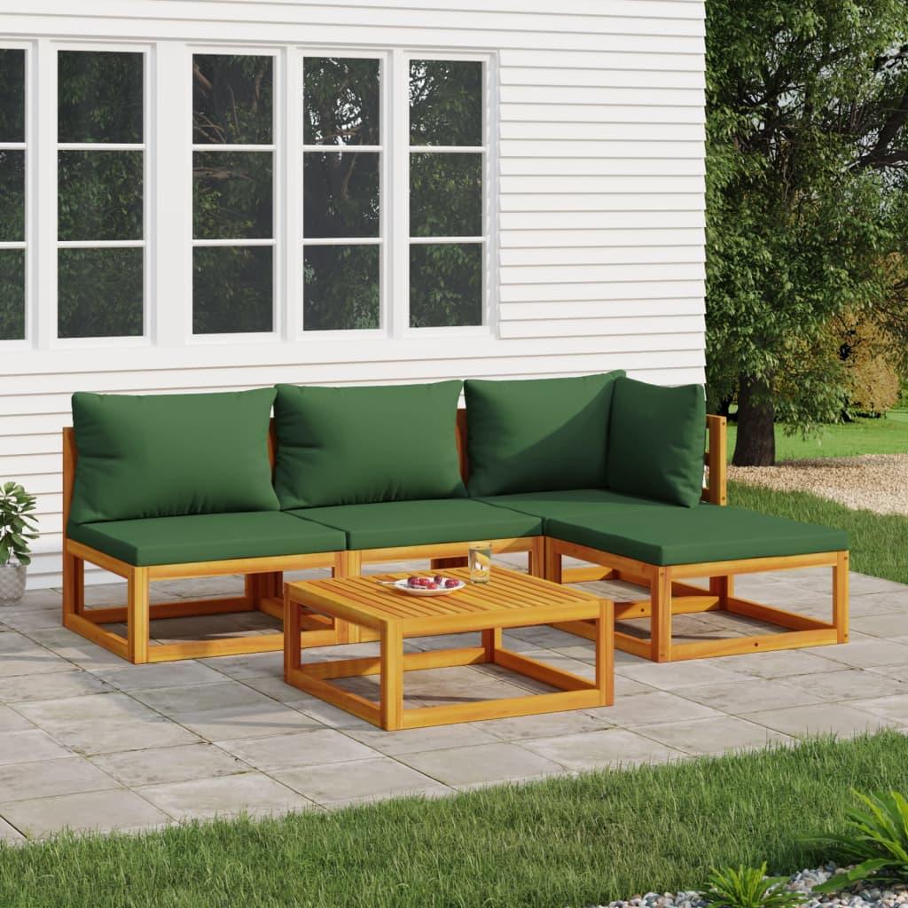 5 Piece Patio Lounge Set with Green Cushions Solid Wood at Set Shop and Smile
