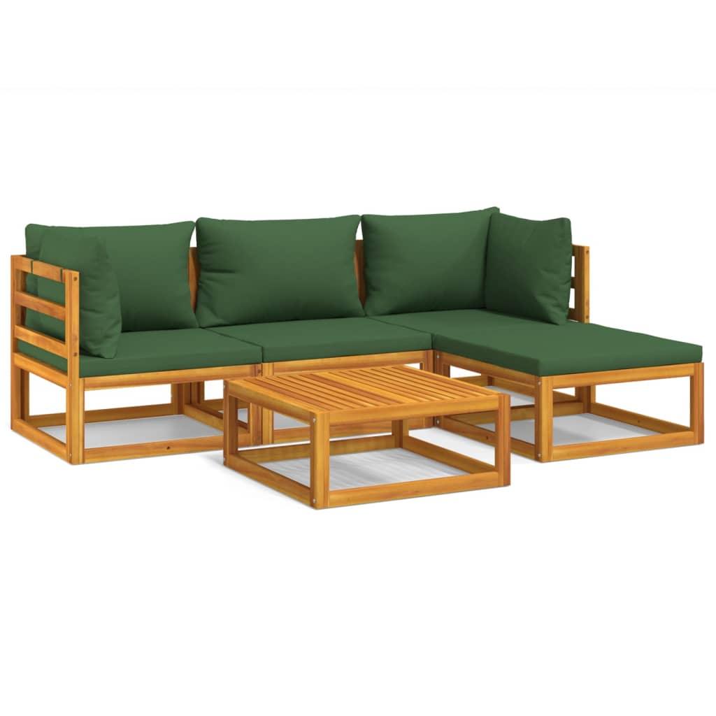 5 Piece Patio Lounge Set with Green Cushions Solid Wood at Set Shop and Smile