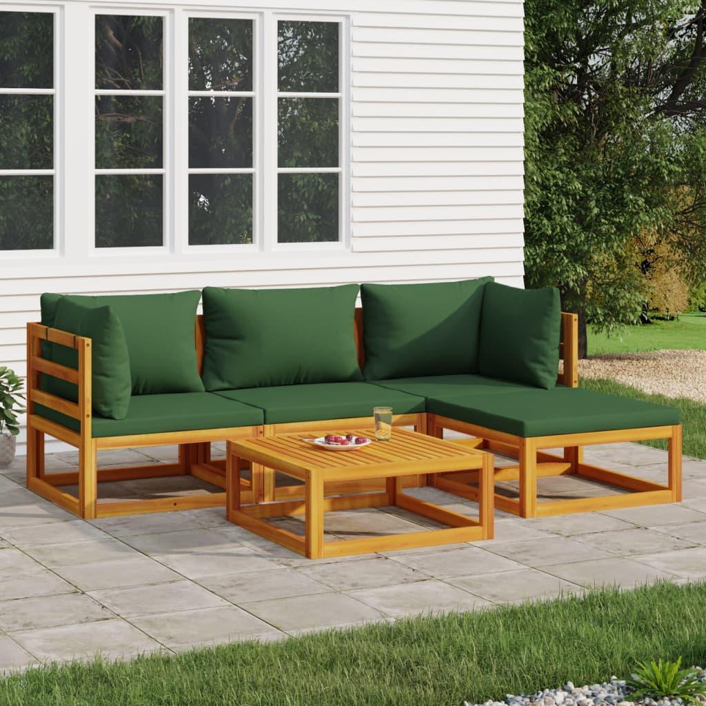 5 Piece Patio Lounge Set with Green Cushions Solid Wood at Set Shop and Smile