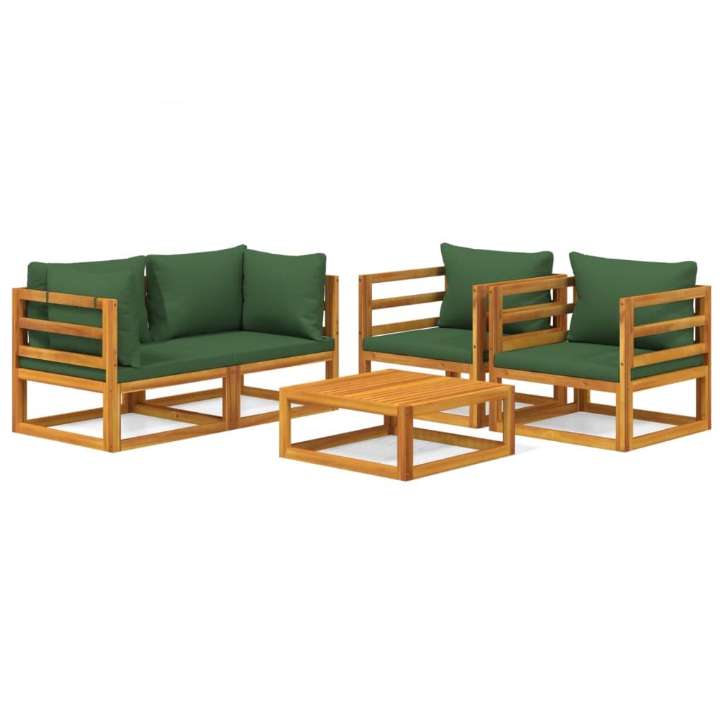 5 Piece Patio Lounge Set with Green Cushions Solid Wood at Set Shop and Smile