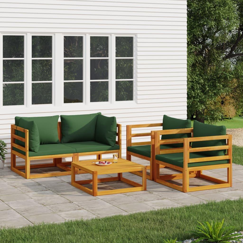 5 Piece Patio Lounge Set with Green Cushions Solid Wood at Set Shop and Smile