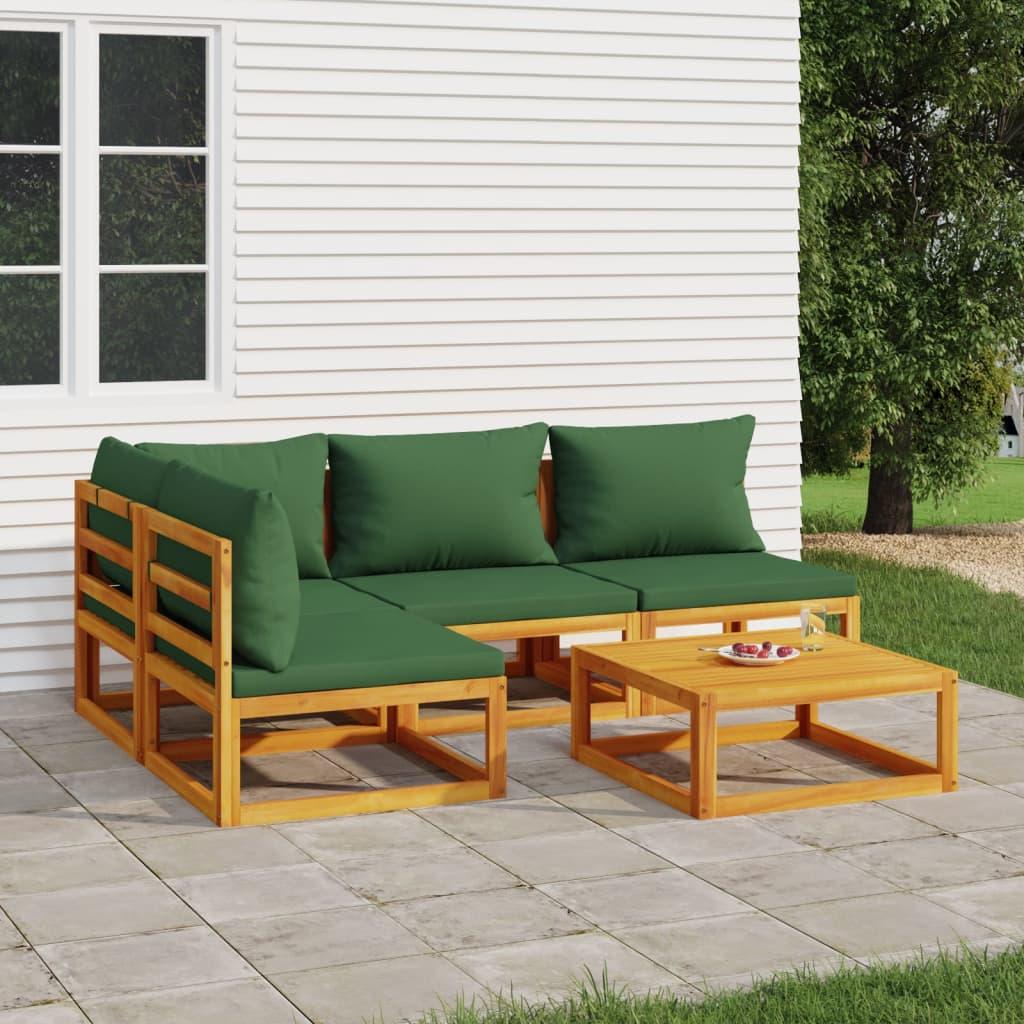 5 Piece Patio Lounge Set with Green Cushions Solid Wood at Set Shop and Smile