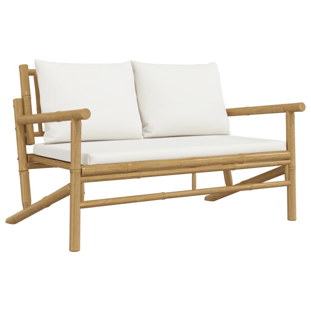Patio Bench with Cream White Cushions Bamboo at Set Shop and Smile