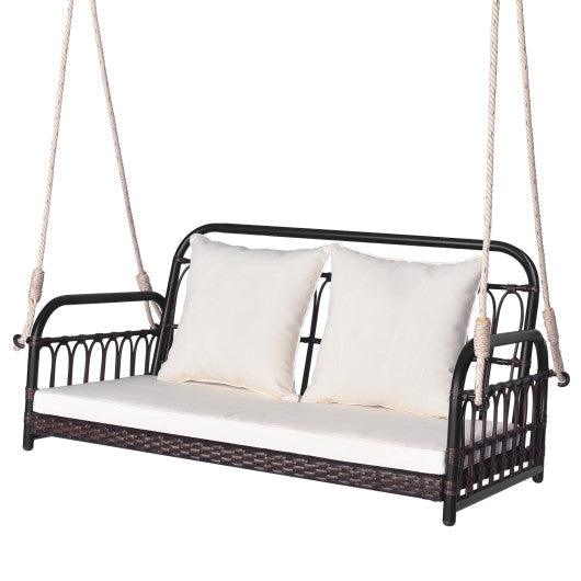 880LBS Wicker Hanging Porch Swing with Cushions-White at Set Shop and Smile