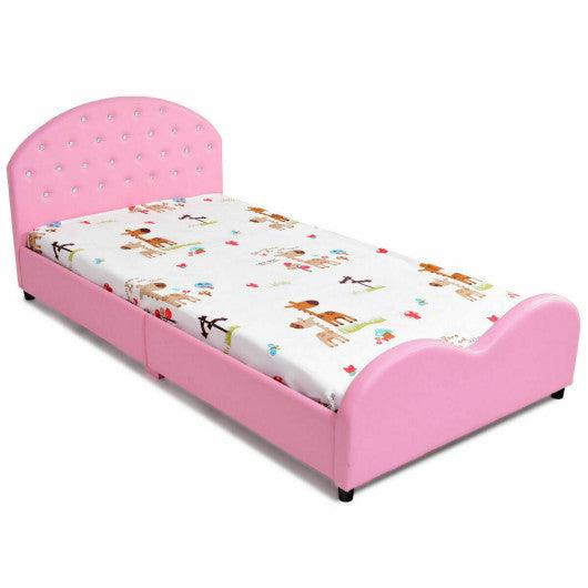 Twin Size Upholstered Platform Toddler Bed with Wood Slat Support at Set Shop and Smile