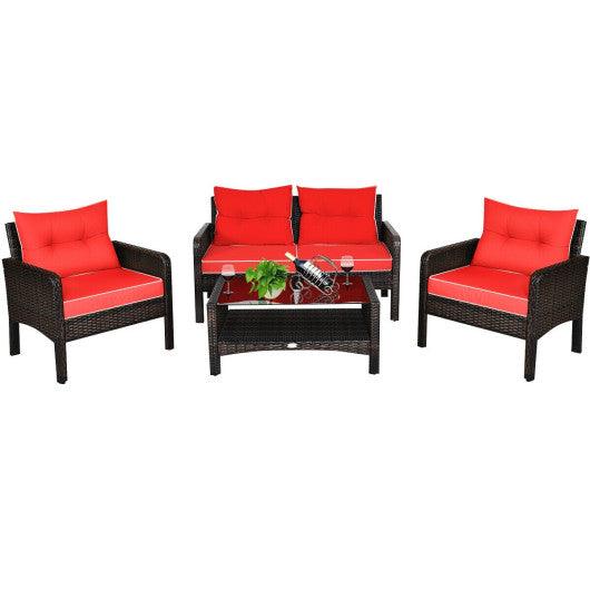 4 Pieces Outdoor Rattan Wicker Loveseat Furniture Set with Cushions-Red at Set Shop and Smile