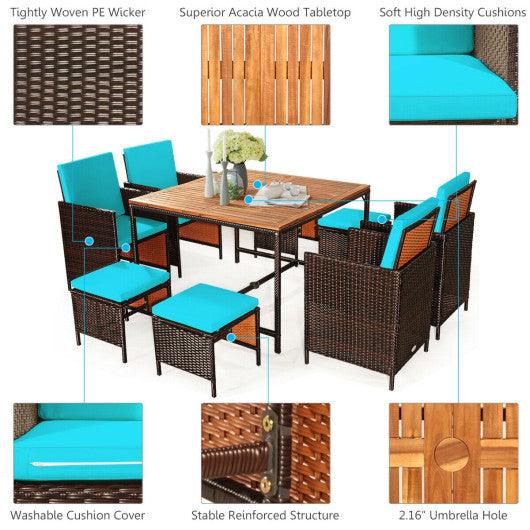 9 Pieces Patio Rattan Dining Cushioned Chairs Set-Turquoise at Set Shop and Smile