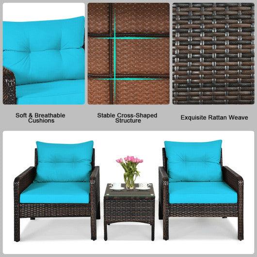 3 Pcs Outdoor Patio Rattan Conversation Set with Seat Cushions-Turquoise at Set Shop and Smile