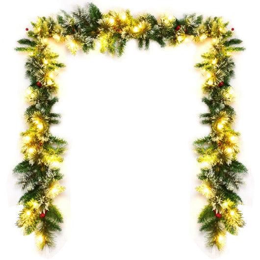 9 Feet Pre-lit Snow Flocked Tips Christmas Garland with Red Berries at Set Shop and Smile