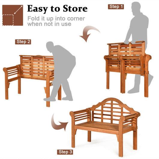 49 Inch Eucalyptus Wood Outdoor Folding Bench with Backrest Armrest for Patio Garden at Set Shop and Smile