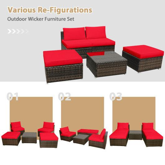 5 Pieces Patio Rattan Furniture Set with Cushioned Armless Sofa-Red at Set Shop and Smile