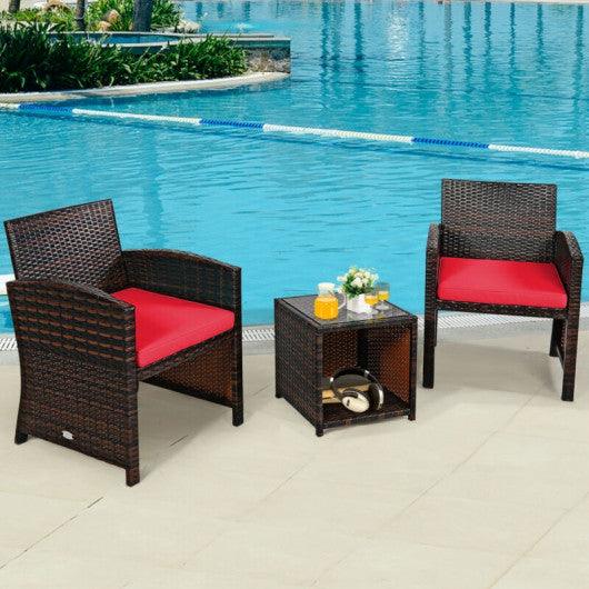 3 Pieces PE Rattan Wicker Furniture Set with Cushion Sofa Coffee Table for Garden-Red at Set Shop and Smile