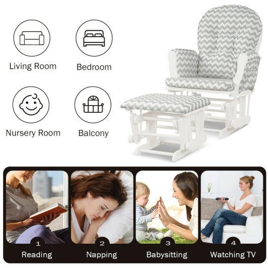 Wood Glider and Ottoman Set with Padded Armrests and Detachable Cushion-Gray and White at Set Shop and Smile