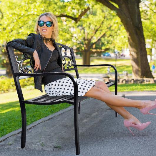 50 Inch Patio Park Steel Frame Cast Iron Backrest Bench Porch Chair at Set Shop and Smile