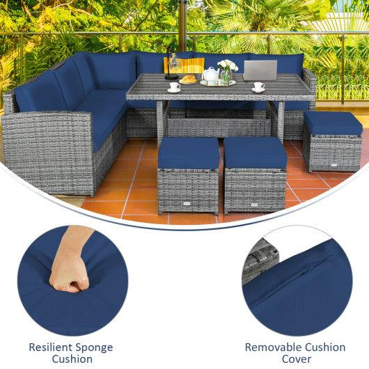 7 Pieces Patio Rattan Dining Furniture Sectional Sofa Set with Wicker Ottoman-Navy at Set Shop and Smile