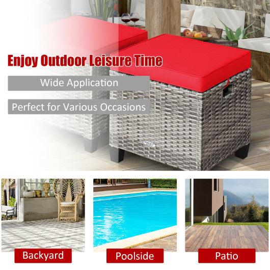 2PCS Patio Rattan Wicker Ottoman Seat with Removable Cushions-Red at Set Shop and Smile