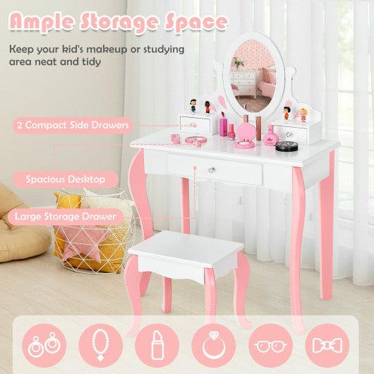 Kids Vanity Princess Makeup Dressing Table Stool Set with Mirror and Drawer-White at Set Shop and Smile