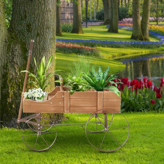 Wooden Wagon Plant Bed With Wheel for Garden Yard-Brown at Set Shop and Smile
