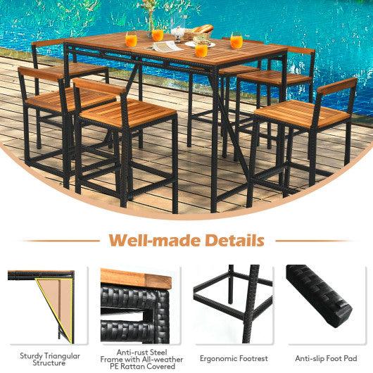 7 Pieces Acacia Wood Patio Rattan Bar Set with Umbrella Hole at Set Shop and Smile