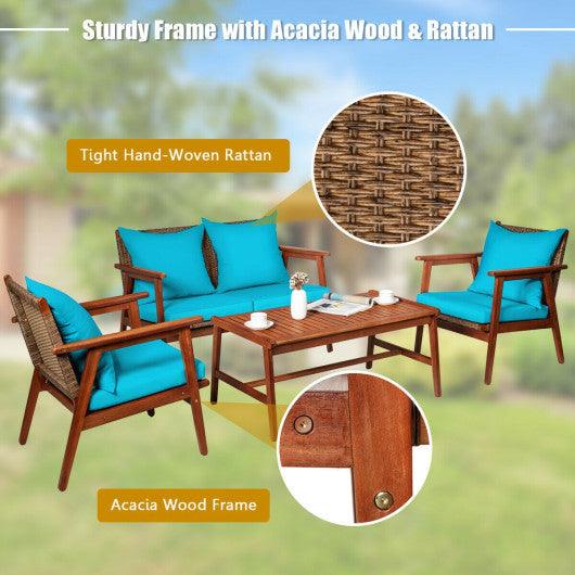 4 Pieces Acacia Wood Patio Rattan Furniture Set-Turquoise at Set Shop and Smile