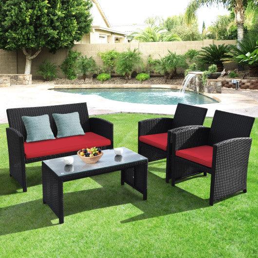 4 Pieces Rattan Patio Furniture Set with Weather Resistant Cushions and Tempered Glass Tabletop-Red at Set Shop and Smile