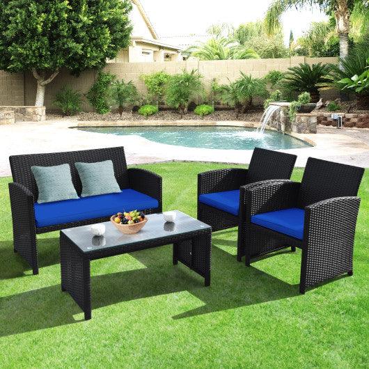 4 Pieces Rattan Patio Furniture Set with Weather Resistant Cushions and Tempered Glass Tabletop-Navy at Set Shop and Smile